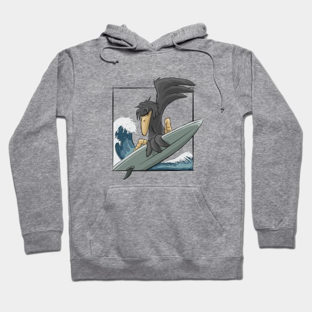 Surfer Crow Raven Surfing On Japan Wave Hoodie by SkizzenMonster